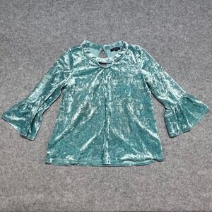 Takara Girls Aqua Seafoam Crushed‎ Velvet Bell Sleeve Keyhole Top Youth XL